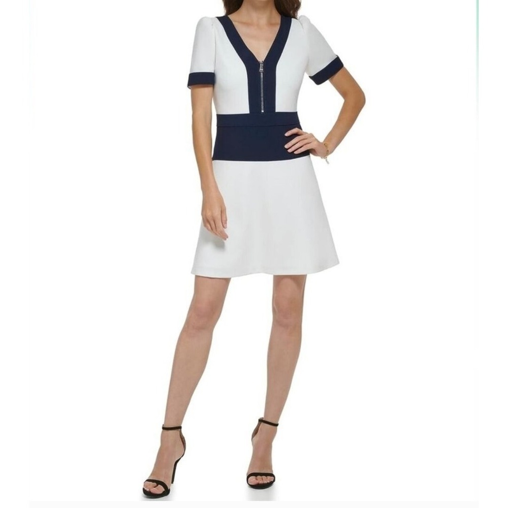 DKNY Women's Color Block Scuba Crepe Fit and Flare Dress, CRM/NVY, 12